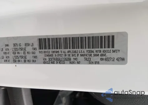 2020 Ram Promaster 1500 High Roof 136 Wb из США, поврежденный, VIN 3C6TRVBG6LE126280